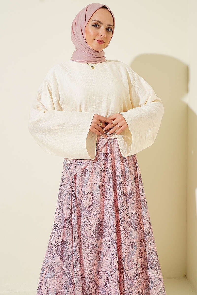 Fularlı Etnik Desenli Etekli İkili Takım Pembe