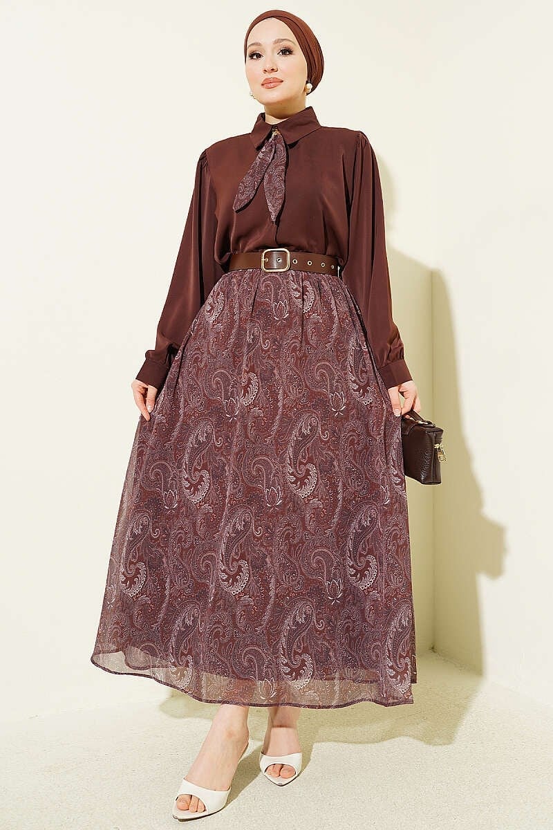 Fularlı Retro Desen Şifon Etekli Takım Kahve