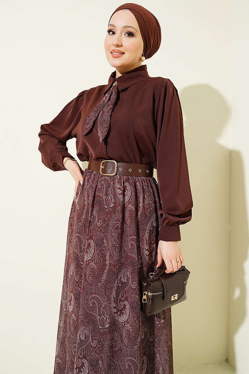 Fularlı Retro Desen Şifon Etekli Takım Kahve