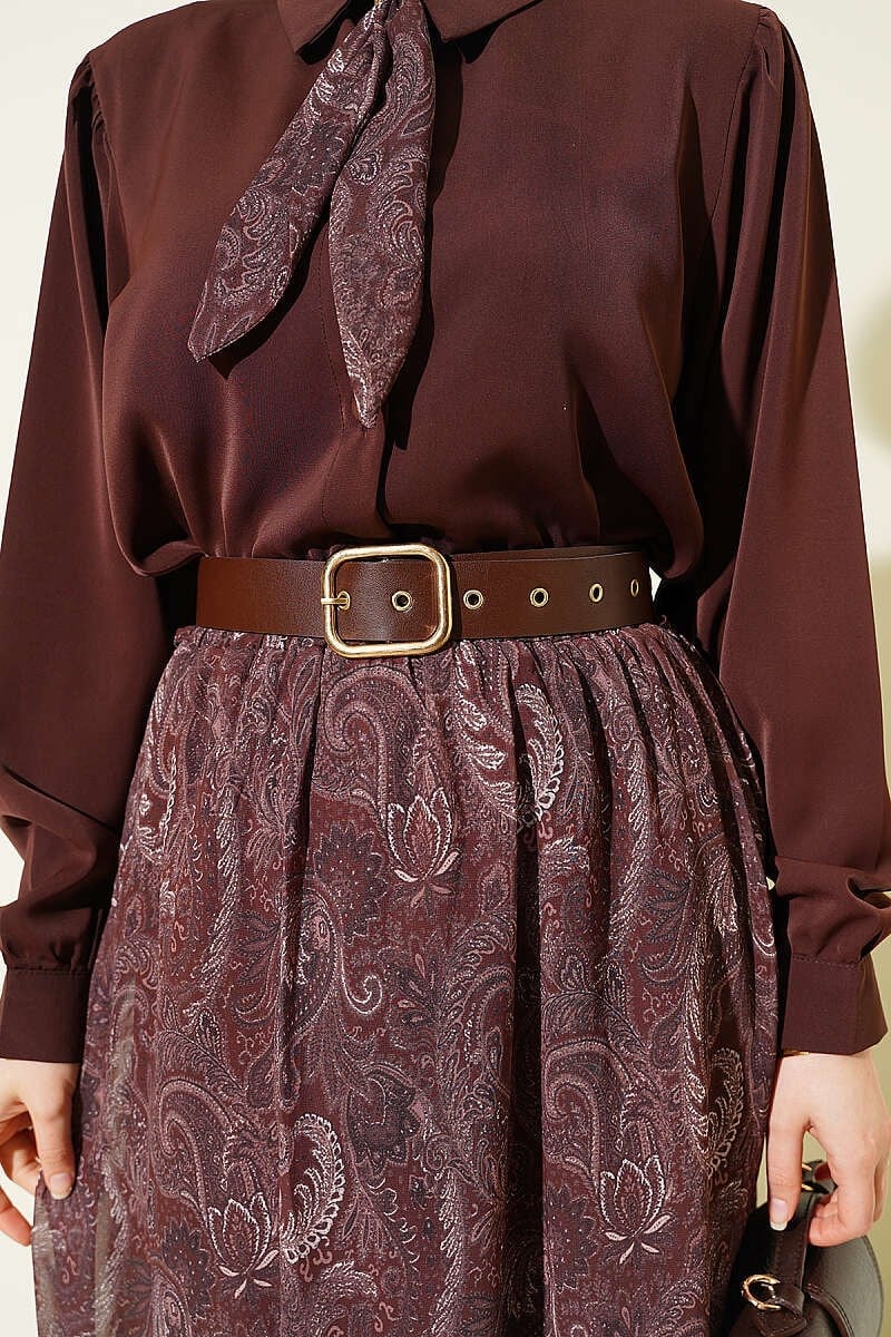 Fularlı Retro Desen Şifon Etekli Takım Kahve