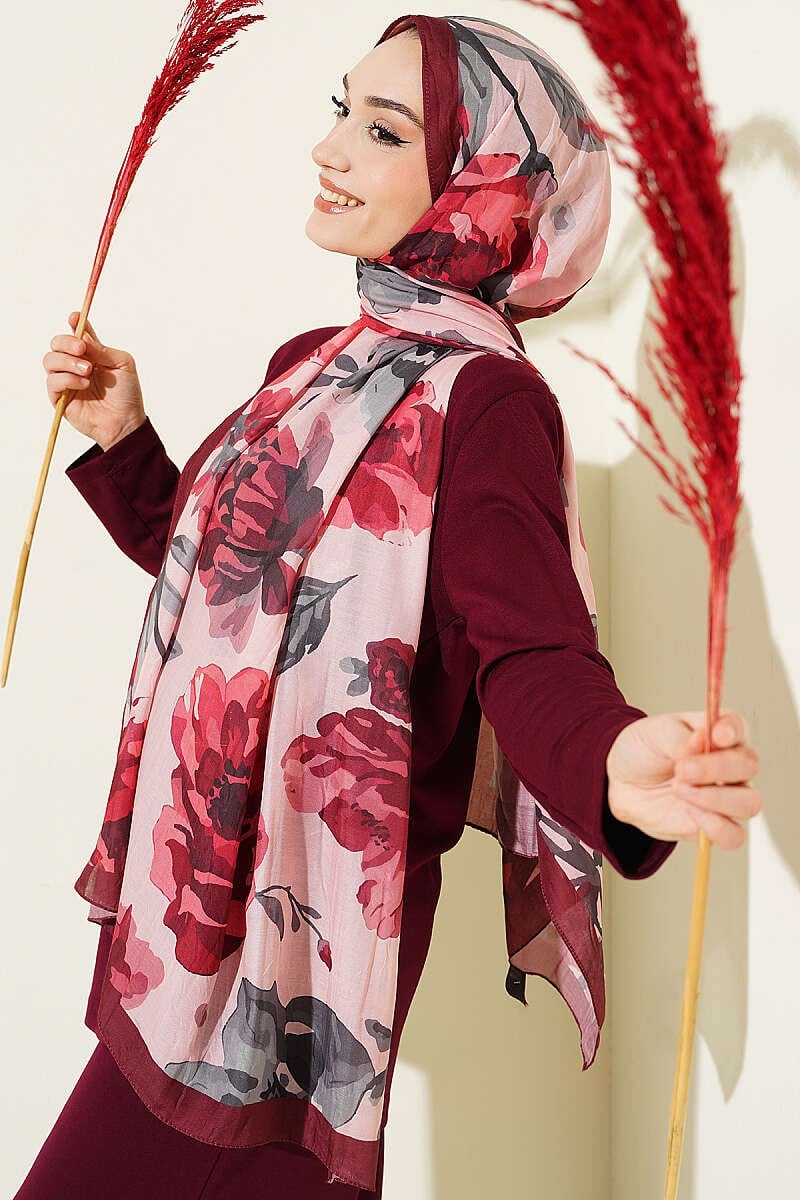 Gardenya Desen Bambu Kraş Şal Bordo