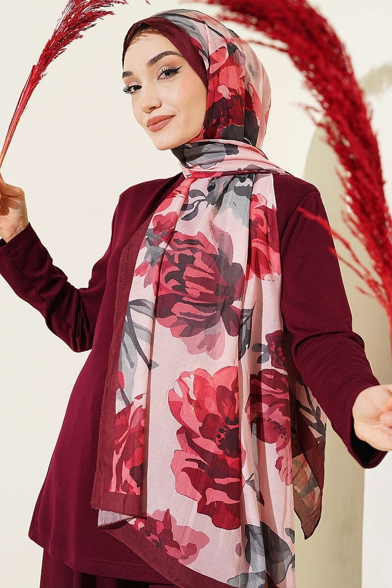 Gardenya Desen Bambu Kraş Şal Bordo