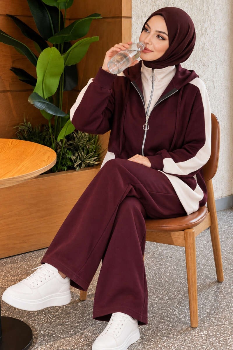 Garnili Kapüşonlu Bol Paça İkili Takım Mürdüm