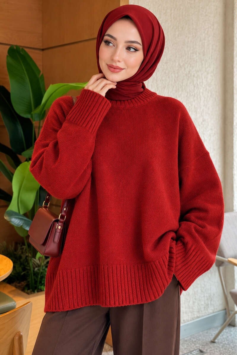 Geniş Kol Ribanalı Triko Tunik Bordo