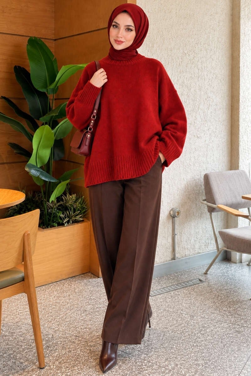 Geniş Kol Ribanalı Triko Tunik Bordo