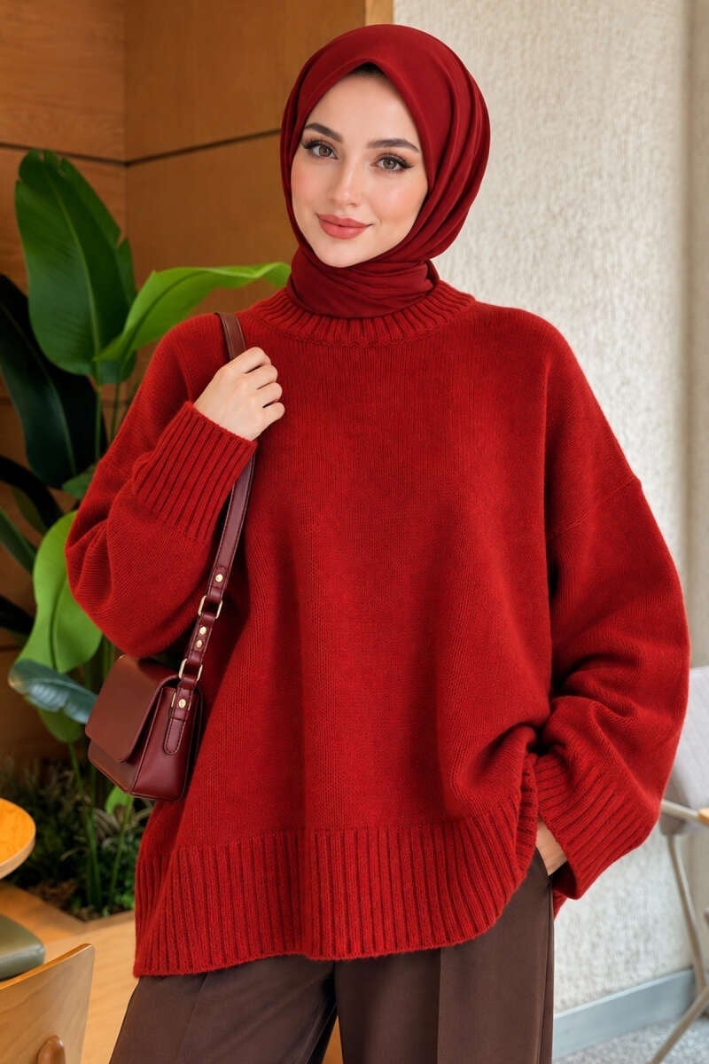 Geniş Kol Ribanalı Triko Tunik Bordo