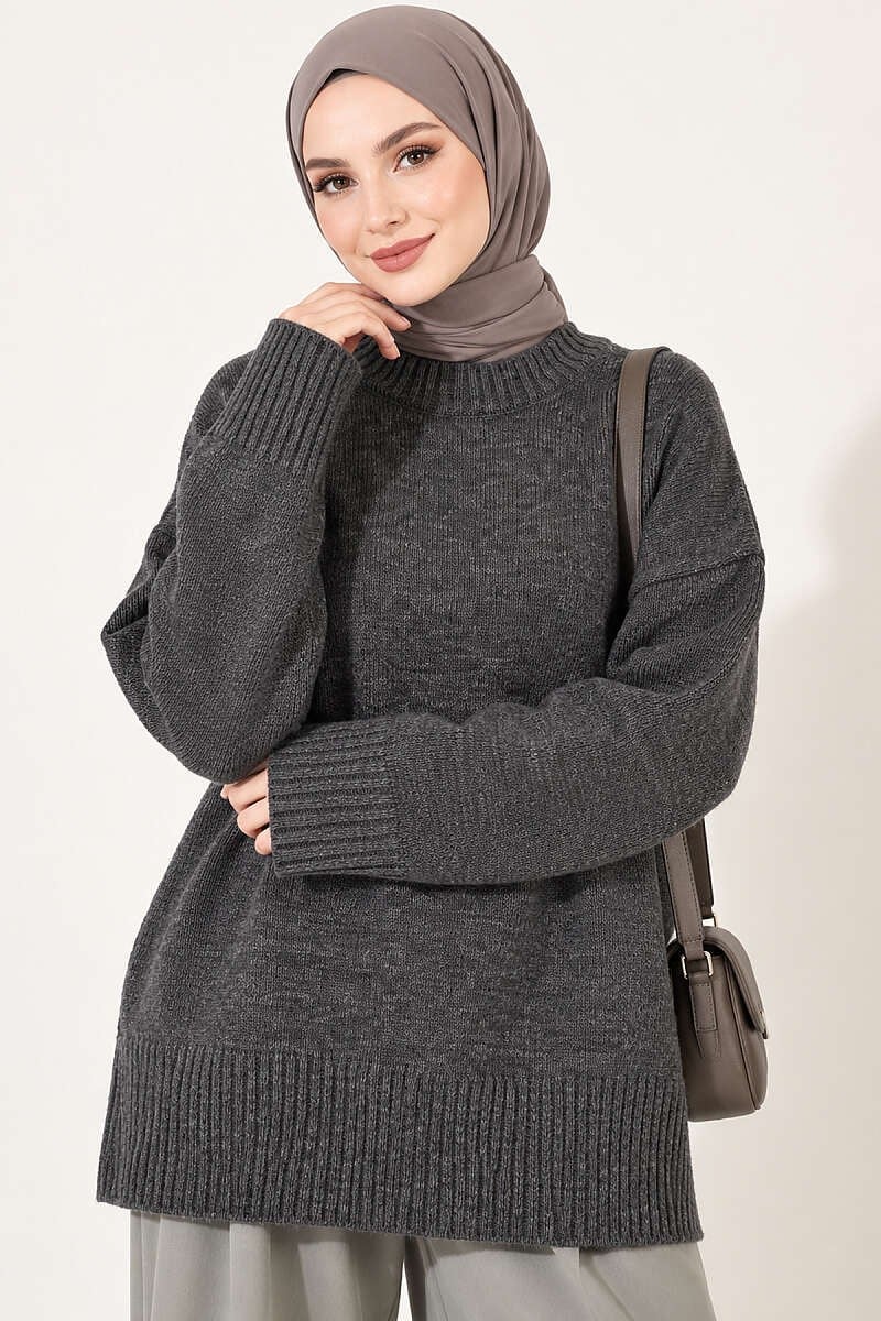 Geniş Kol Ribanalı Triko Tunik Füme