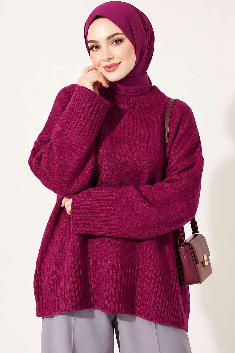 Geniş Kol Ribanalı Triko Tunik Magenta