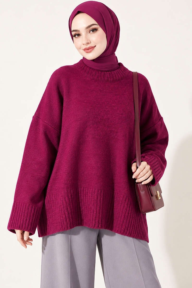 Geniş Kol Ribanalı Triko Tunik Magenta