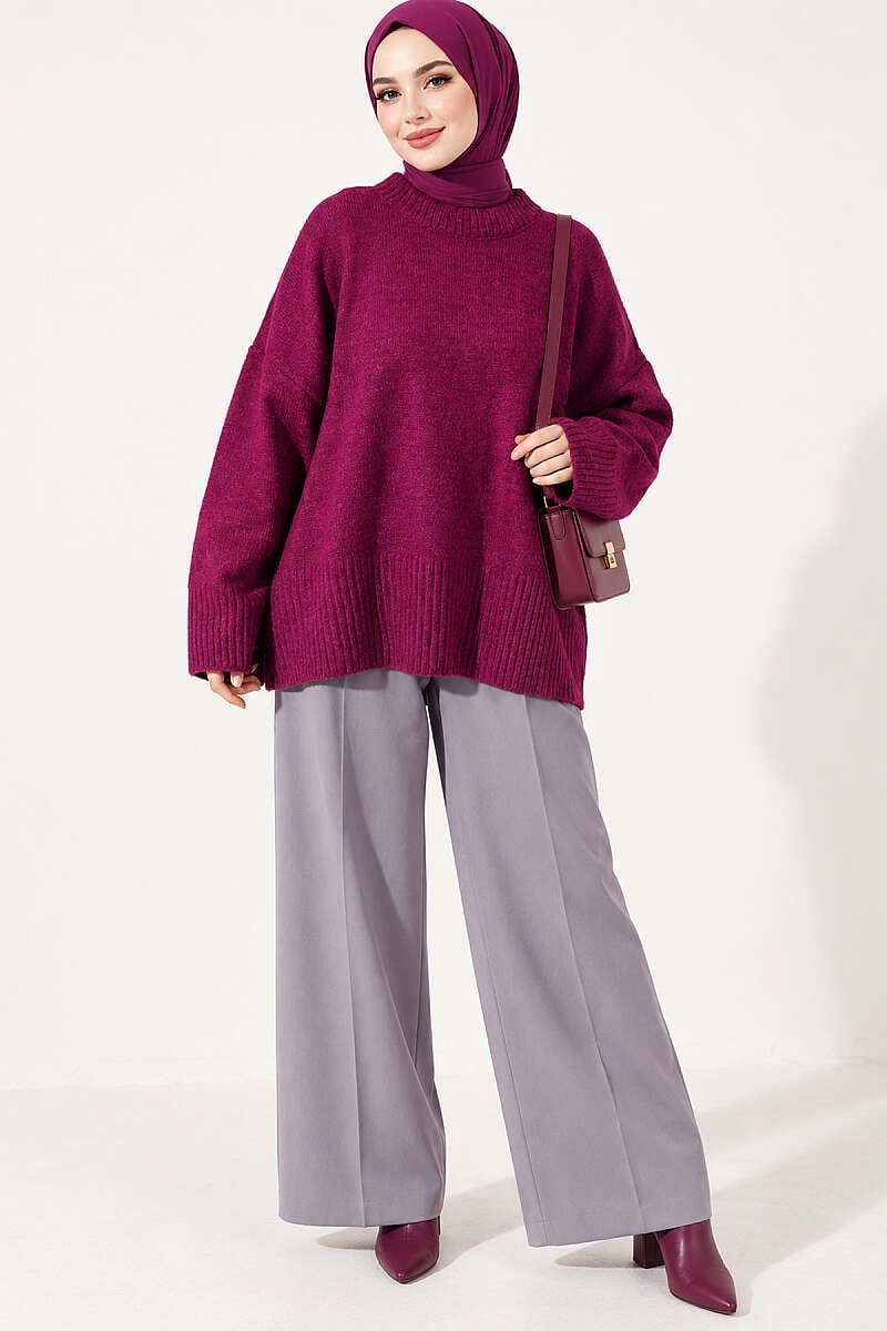 Geniş Kol Ribanalı Triko Tunik Magenta