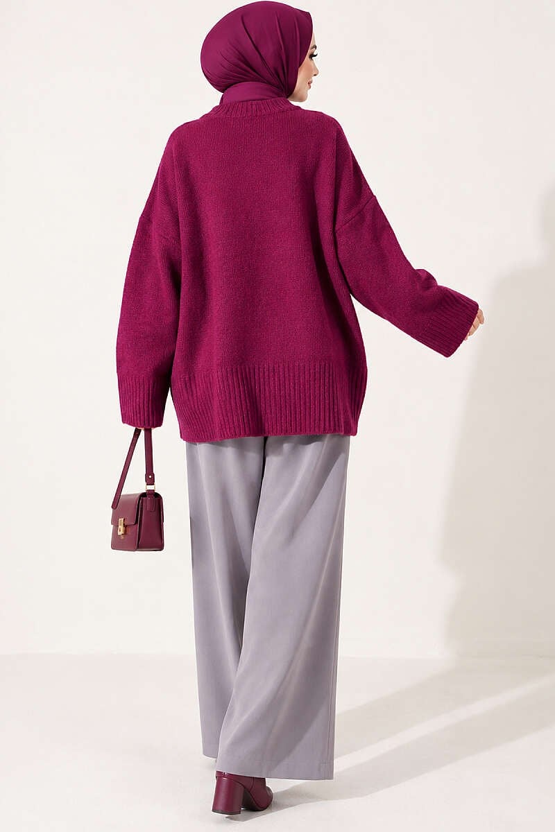 Geniş Kol Ribanalı Triko Tunik Magenta