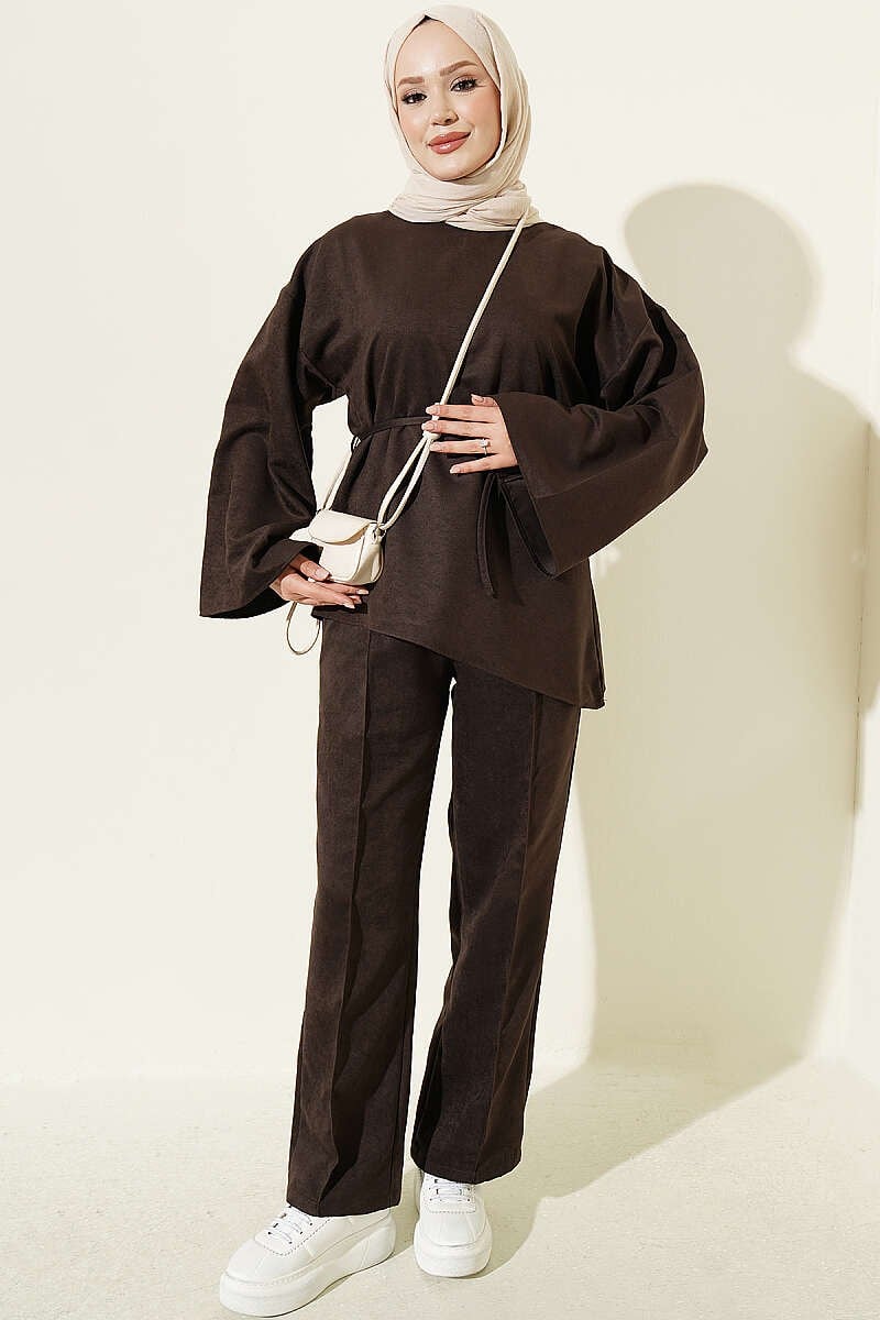 Geniş Kollu İp Kuşaklı İkili Takım Kahve