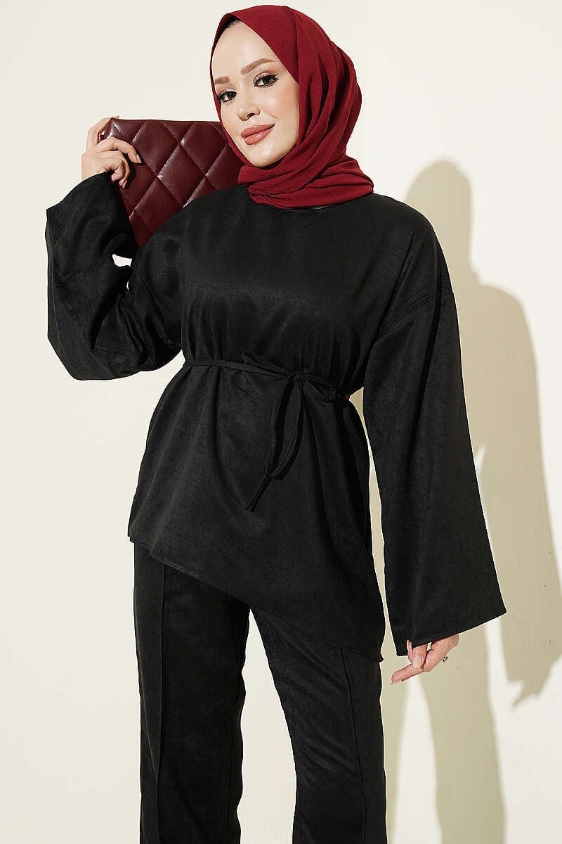 Geniş Kollu İp Kuşaklı İkili Takım Siyah