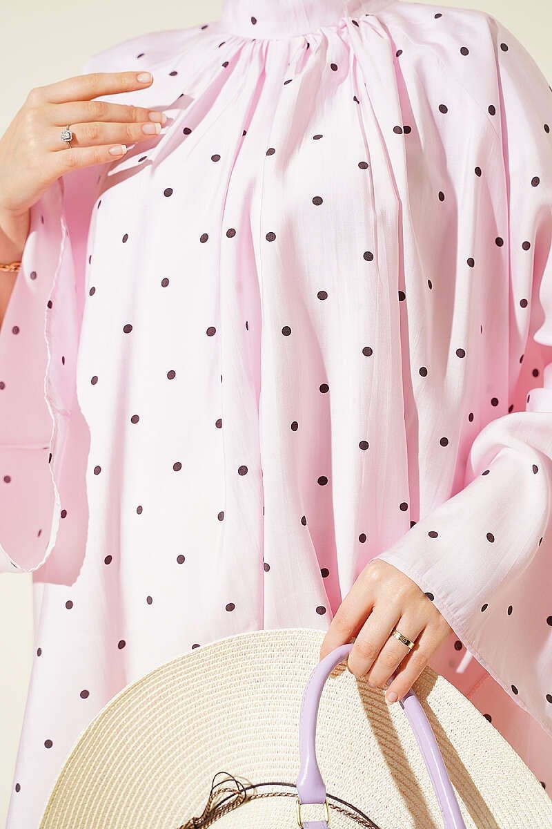 Geniş Kollu Puantiyeli Salaş Tunik Pembe