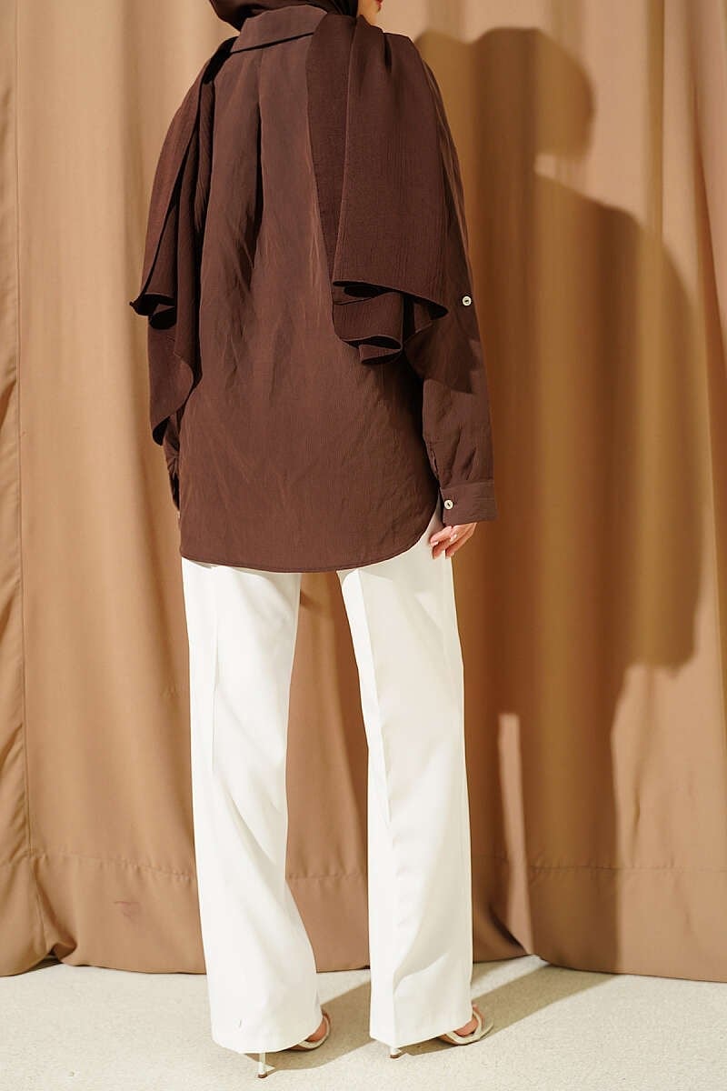 Geniş Paça Kemerli Düğmeli Pantolon Ekru
