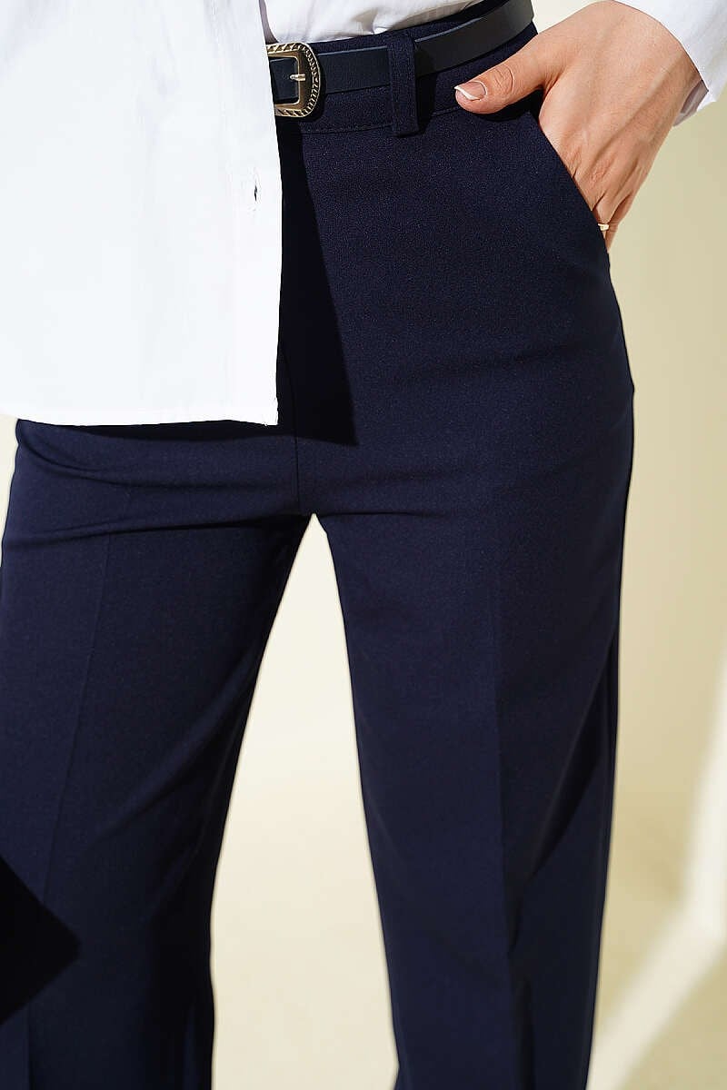 Geniş Paça Kemerli Düğmeli Pantolon Lacivert