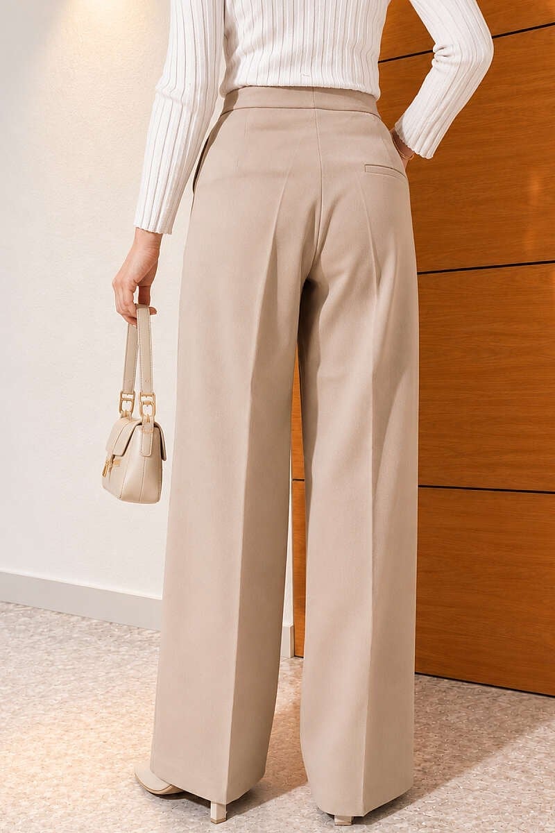 Geniş Paçalı Basic Kumaş Pantolon Bej