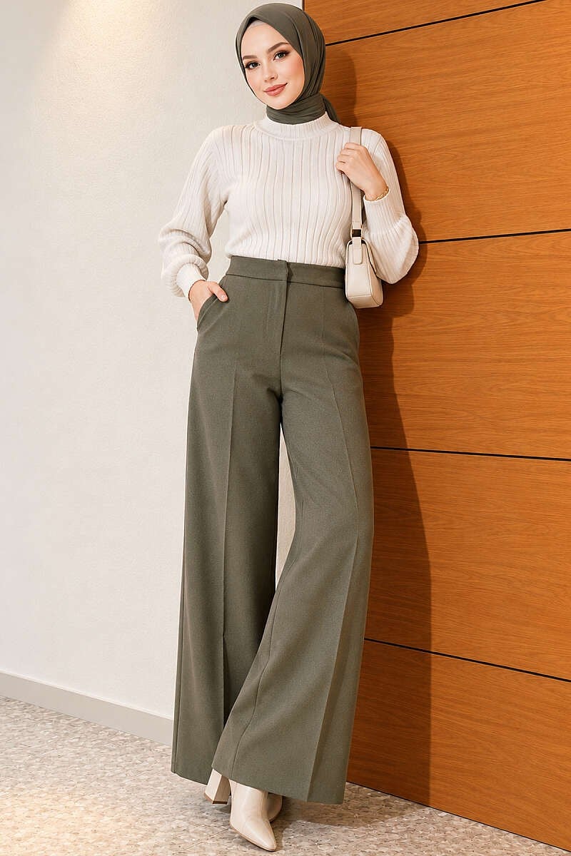 Geniş Paçalı Basic Kumaş Pantolon Haki