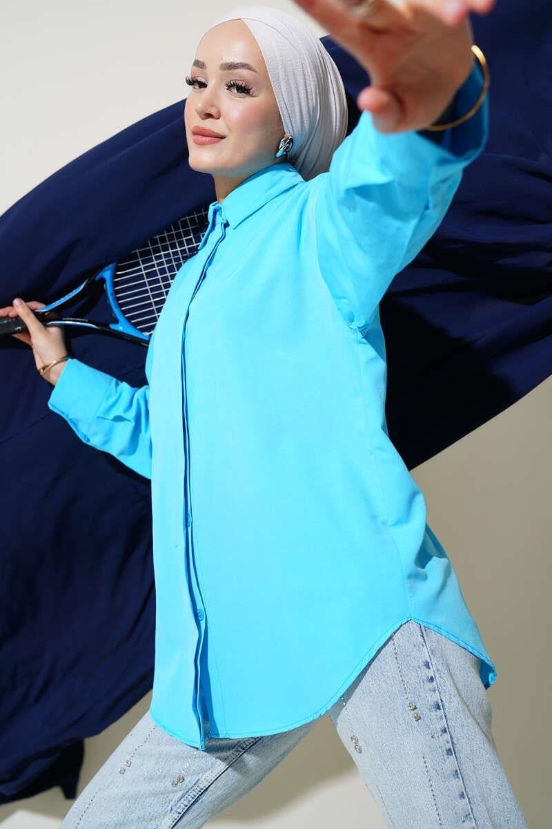 Gizli Düğmeli Basic Gömlek Mavi