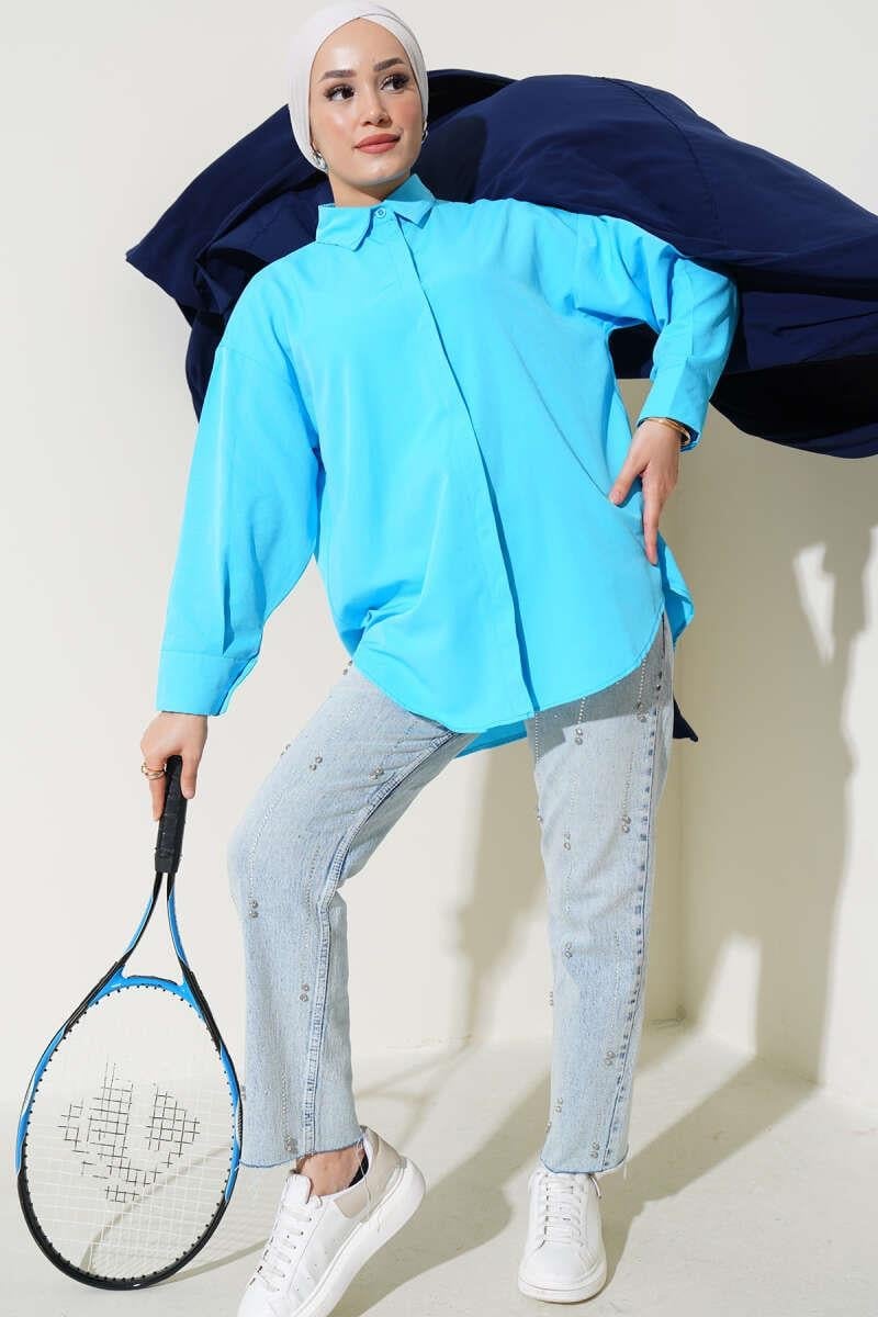 Gizli Düğmeli Basic Gömlek Mavi