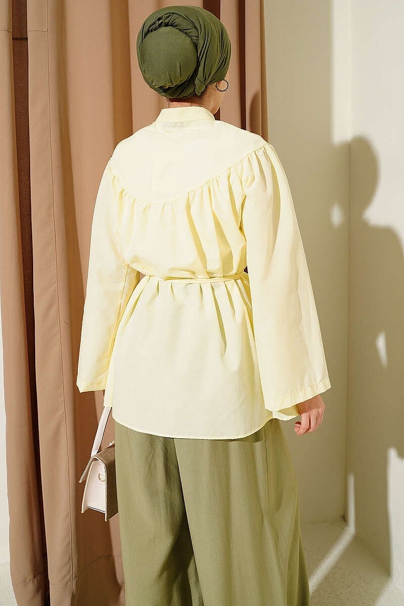 Gizli Düğmeli İp Kuşaklı Poplin Gömlek Sarı