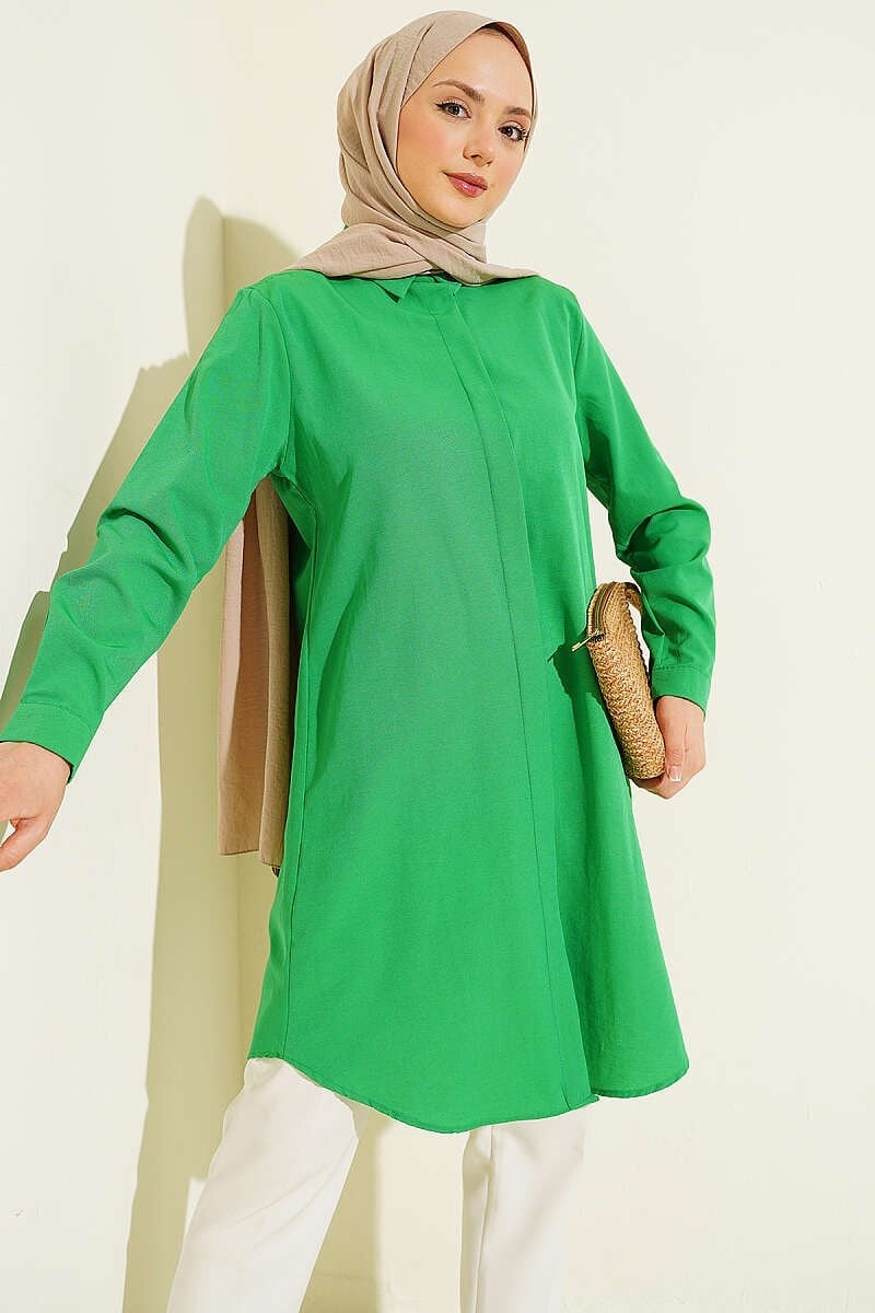 Gizli Düğmeli Uzun Basic Gömlek Benetton