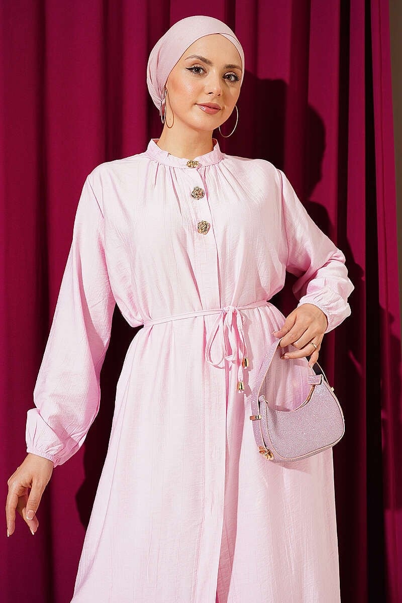 Gizli Düğmeli Uzun Tunikli İkili Takım Pembe