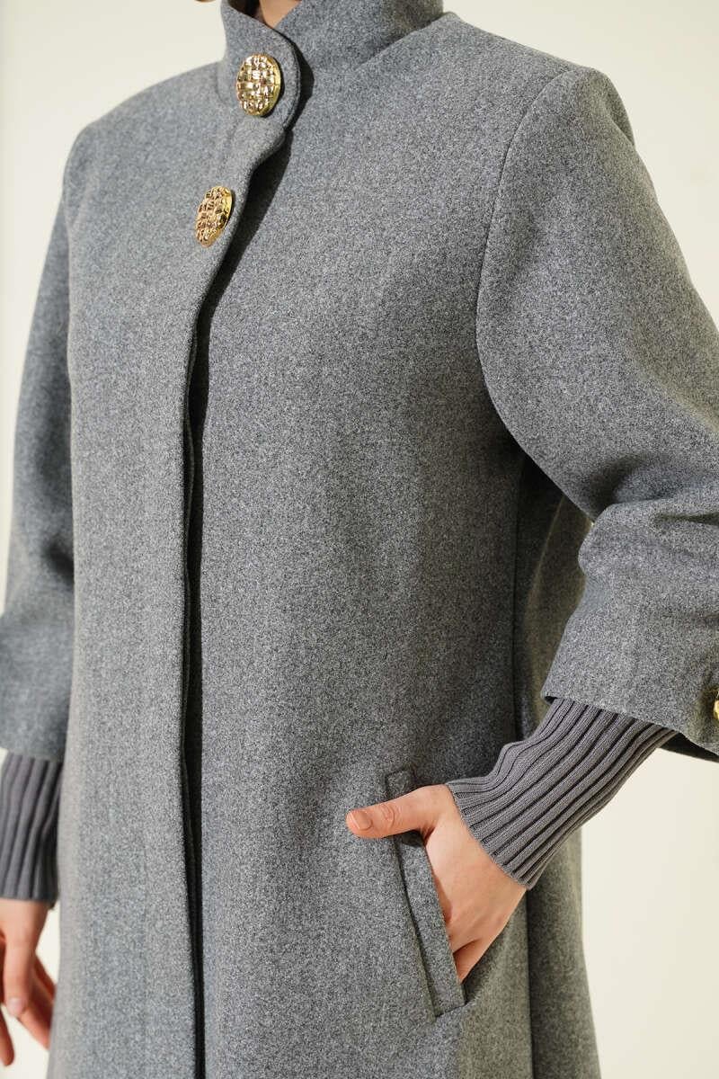 Gold Broşlu Cepli Kaşe Kaban Gri