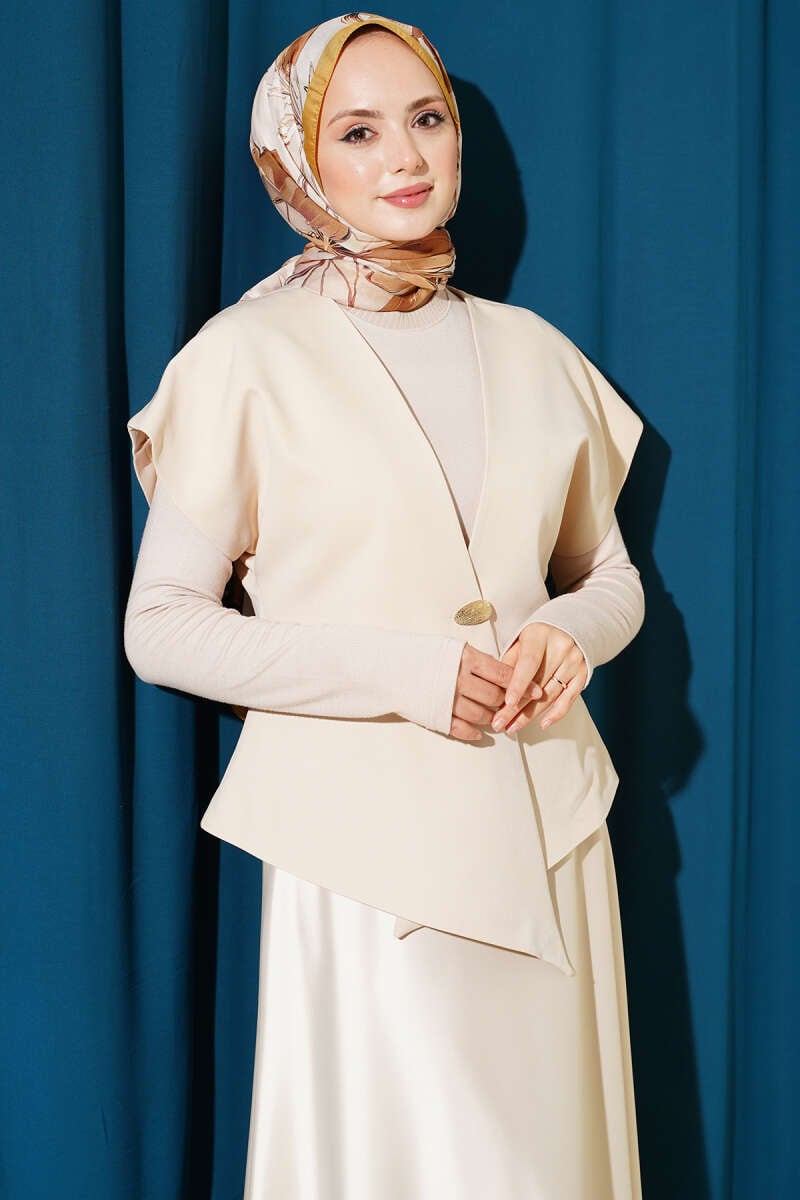 Gold Düğmeli Basic Yelek Bej