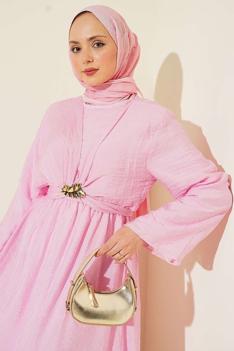 Gold Tokalı Önü Bağlamalı Elbise Pembe