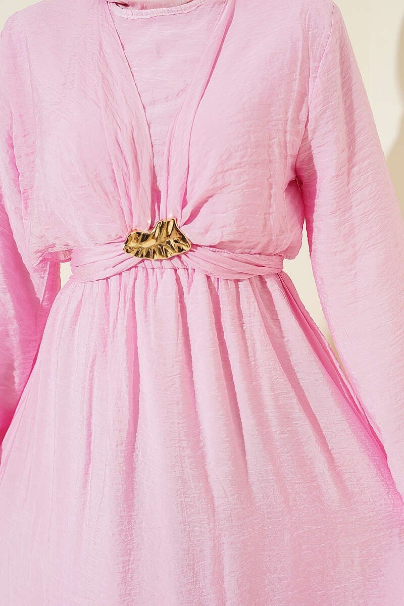 Gold Tokalı Önü Bağlamalı Elbise Pembe