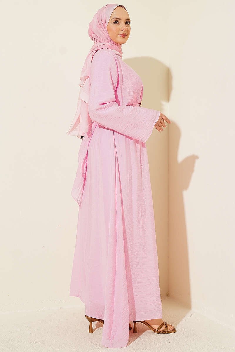 Gold Tokalı Önü Bağlamalı Elbise Pembe
