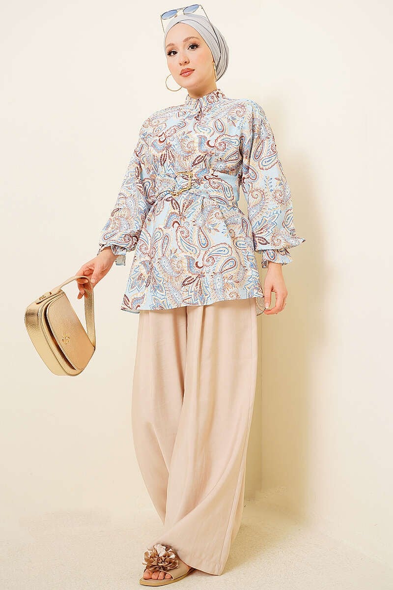 Gold Tokalı Paisley Desen Tunik Mavi