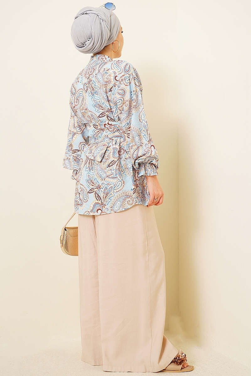 Gold Tokalı Paisley Desen Tunik Mavi