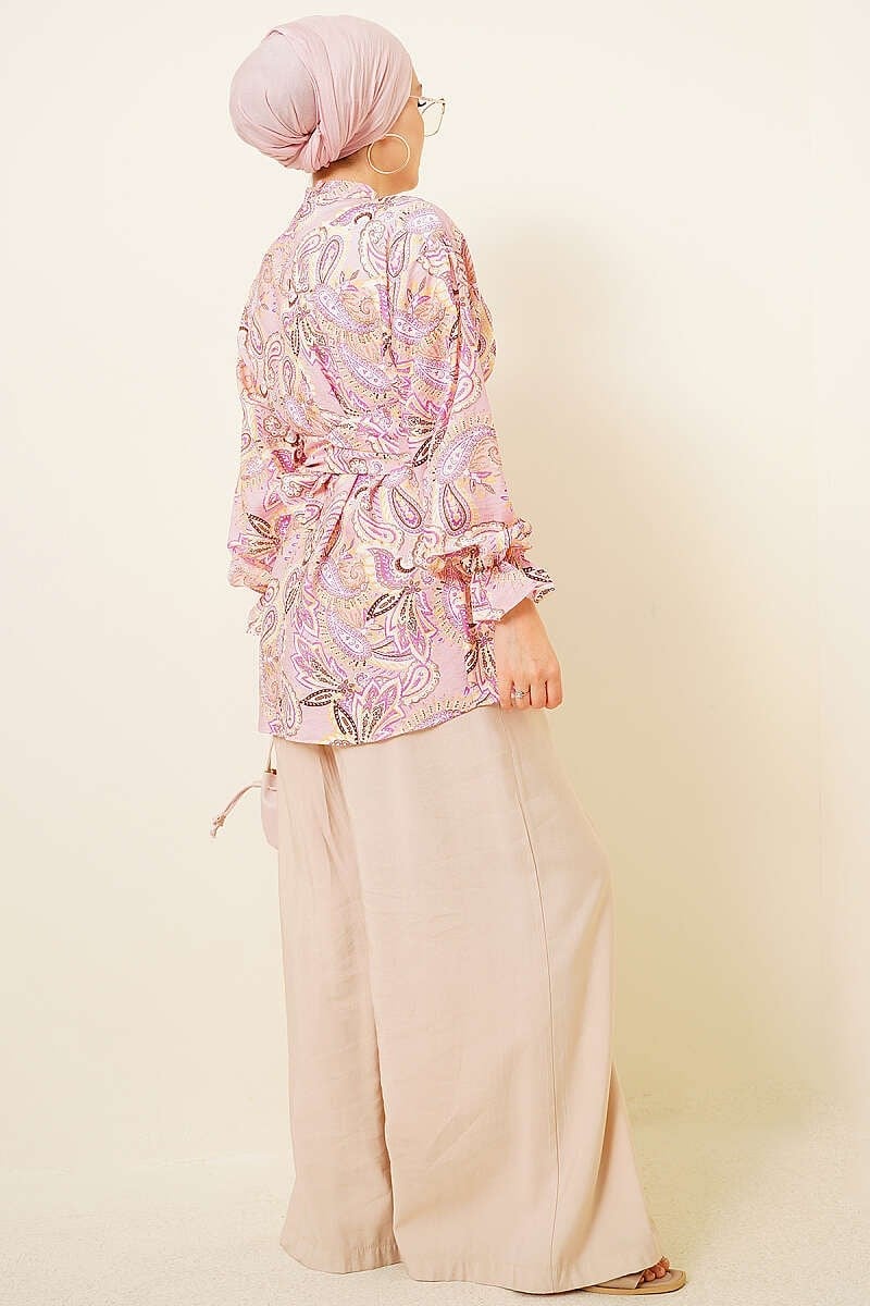 Gold Tokalı Paisley Desen Tunik Pembe