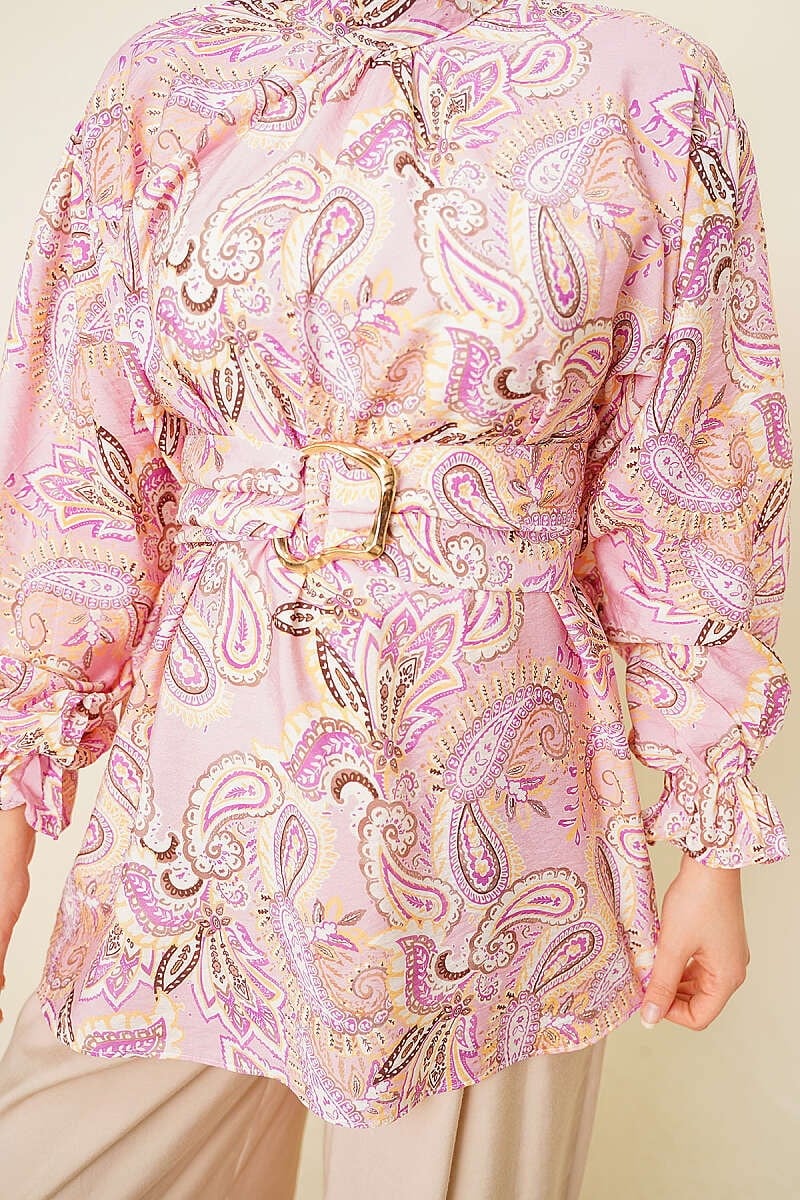 Gold Tokalı Paisley Desen Tunik Pembe