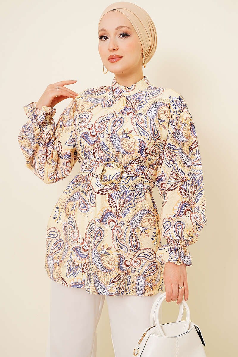 Gold Tokalı Paisley Desen Tunik Sarı