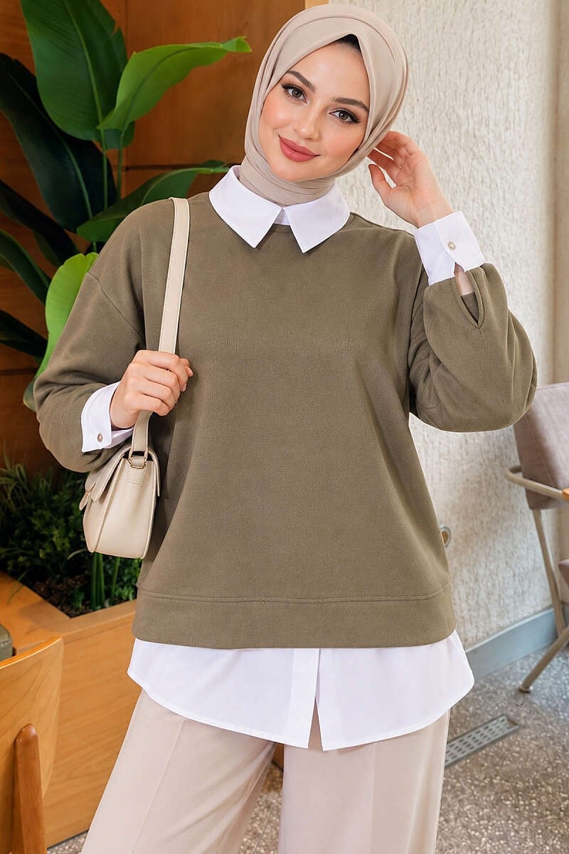 Gömlek Garnili Basic Tunik Haki