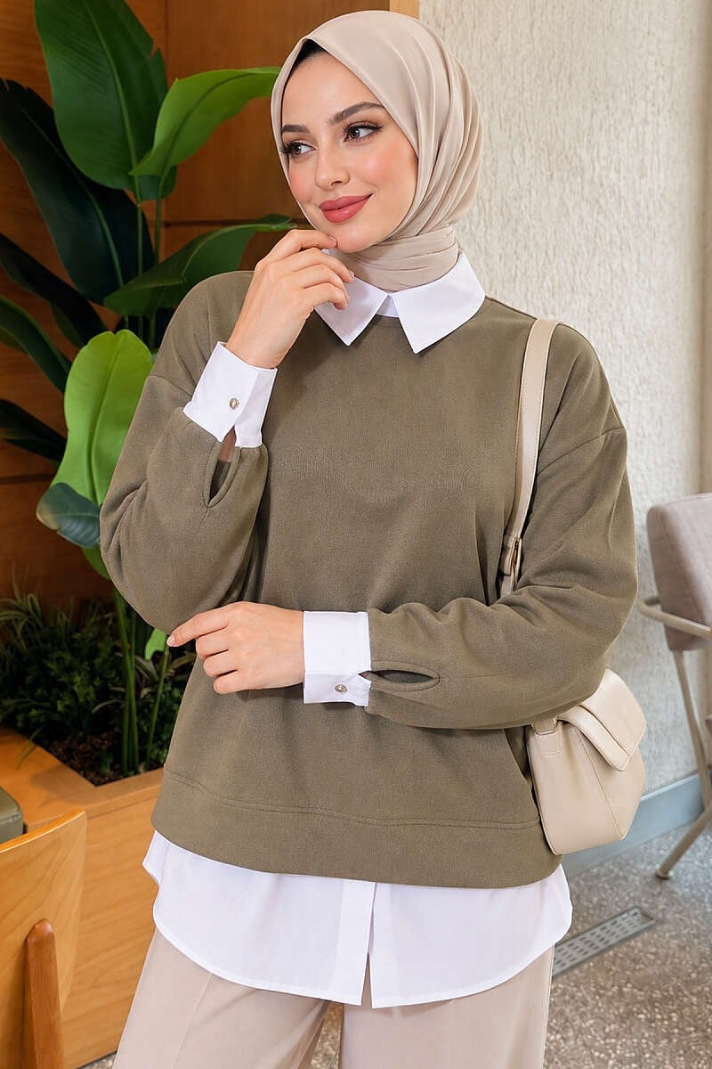 Gömlek Garnili Basic Tunik Haki