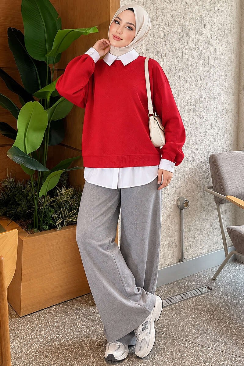 Gömlek Garnili Basic Tunik Kırmızı
