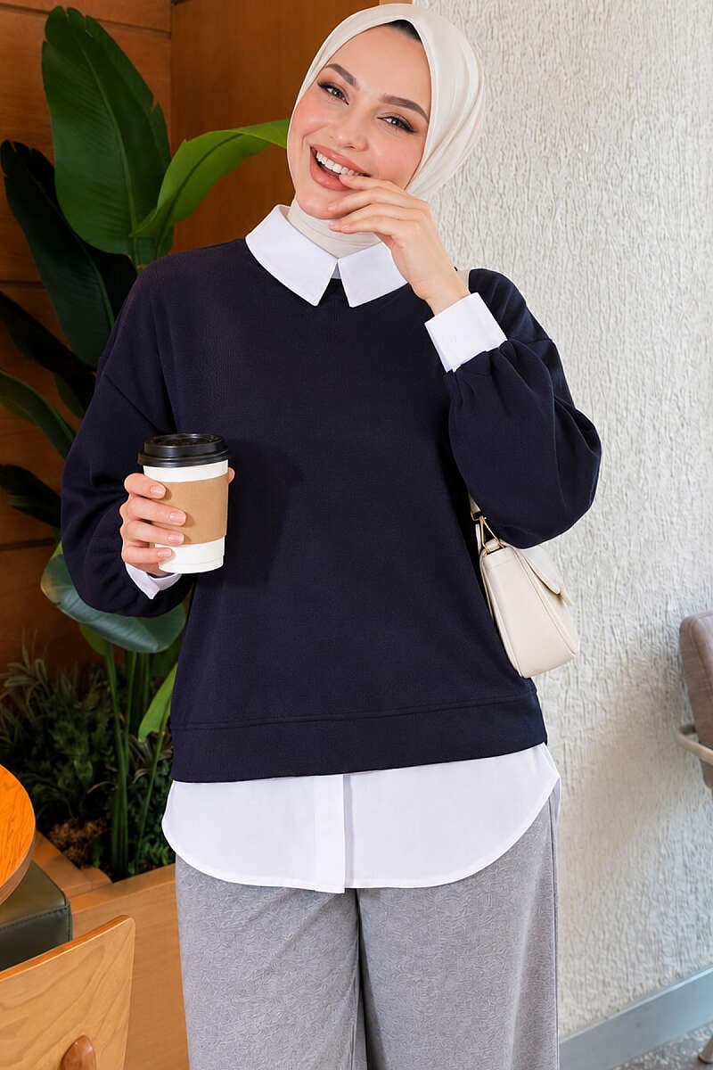 Gömlek Garnili Basic Tunik Lacivert