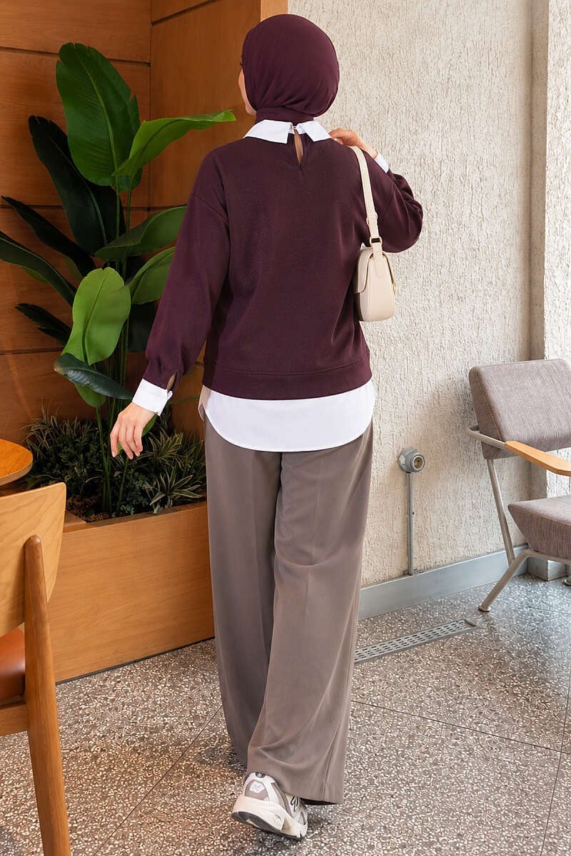 Gömlek Garnili Basic Tunik Mürdüm