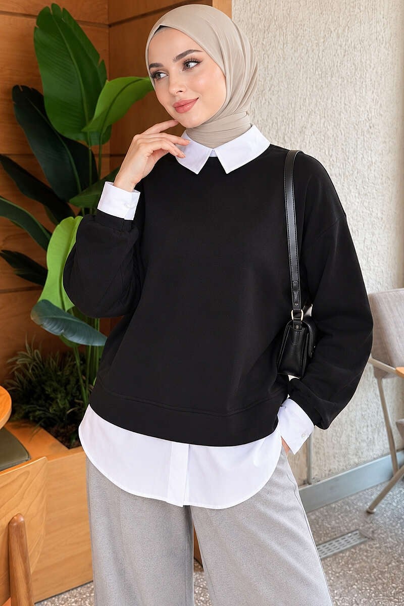 Gömlek Garnili Basic Tunik Siyah
