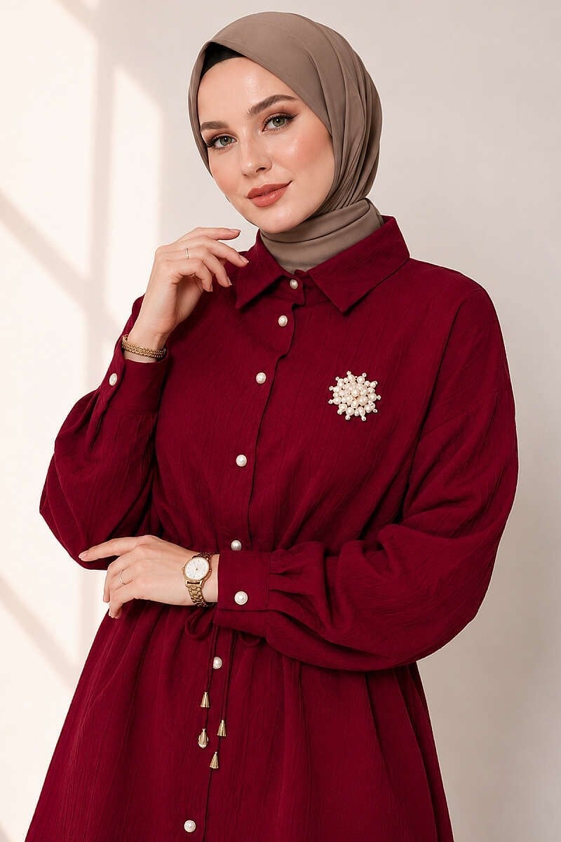 Gömlek Yaka Bel Tünelli İkili Takım Bordo