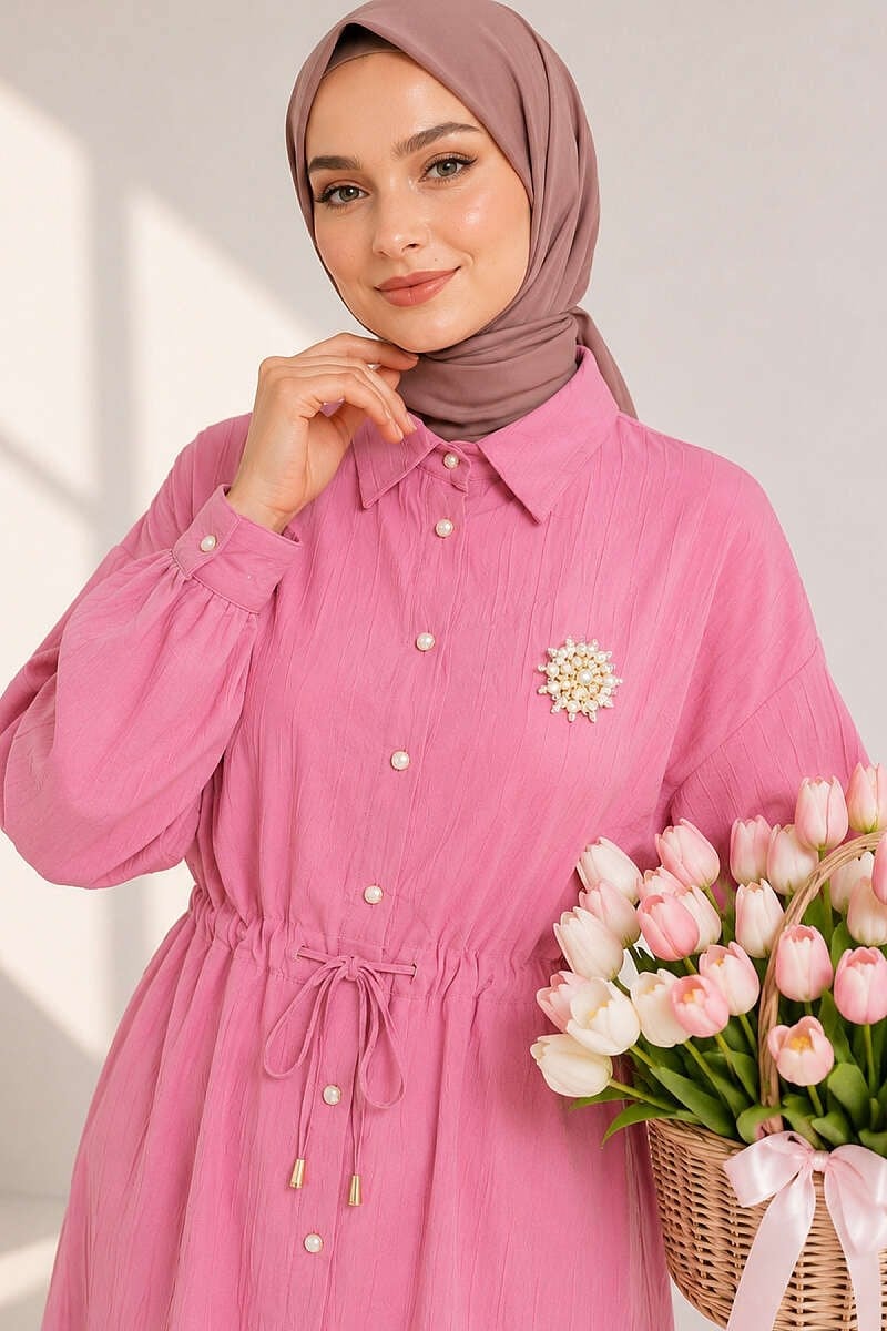 Gömlek Yaka Bel Tünelli İkili Takım Pembe