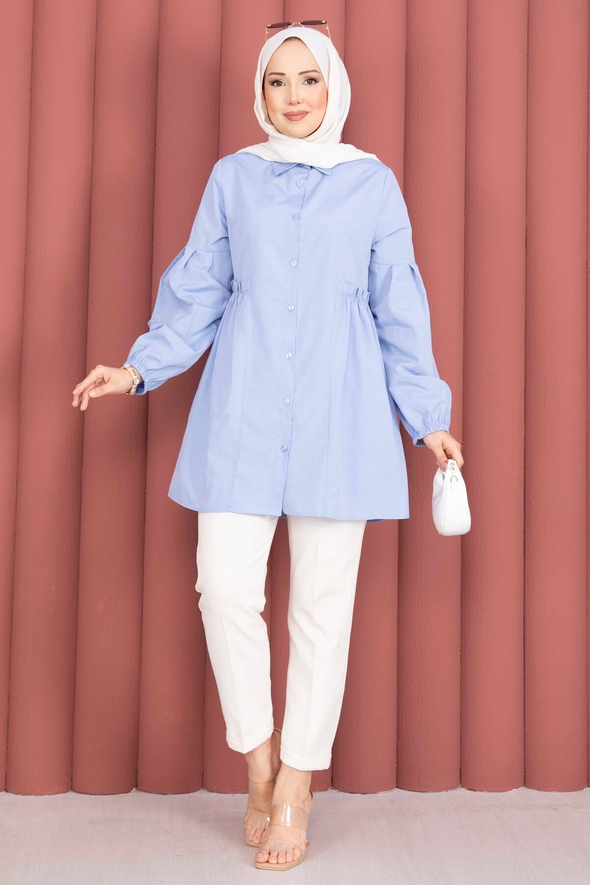 Gömlek Yaka Beli Büzgü Detaylı Tunik Bebe Mavisi