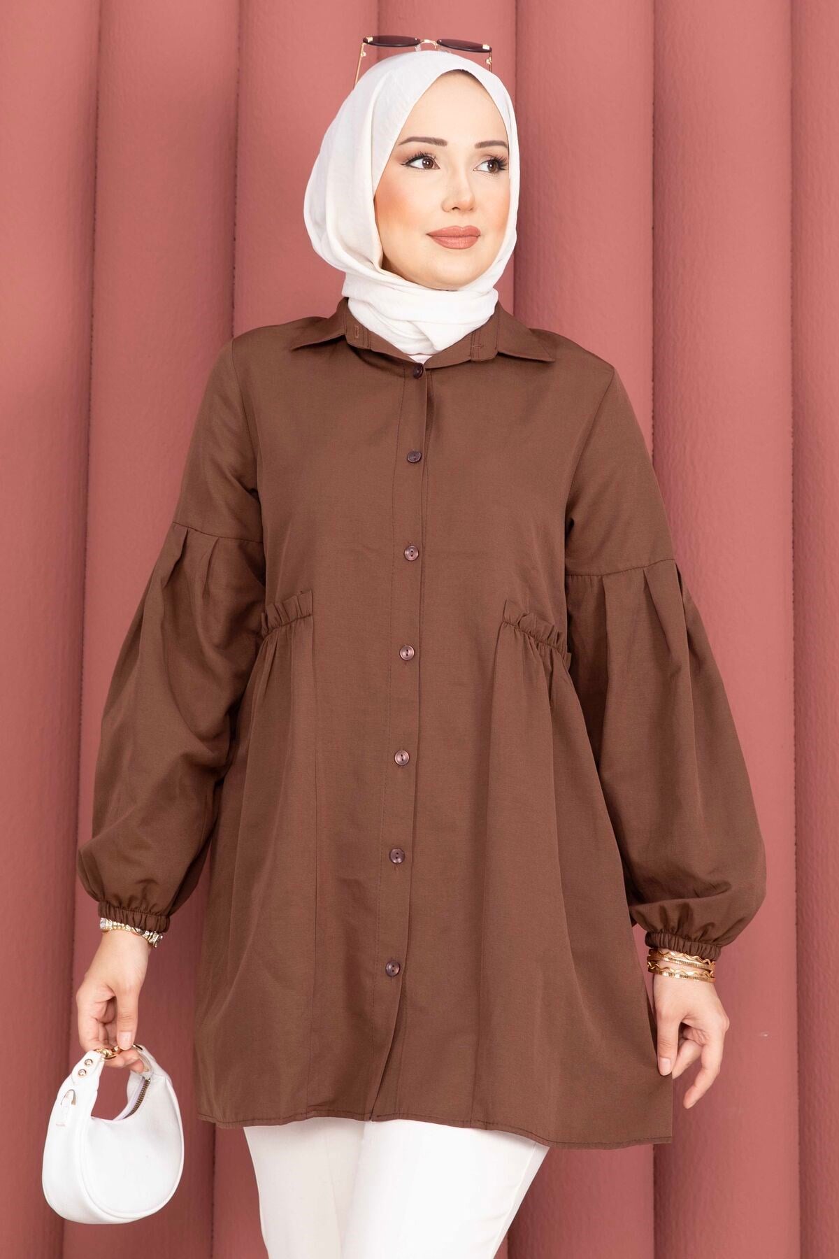 Gömlek Yaka Beli Büzgü Detaylı Tunik Kahve