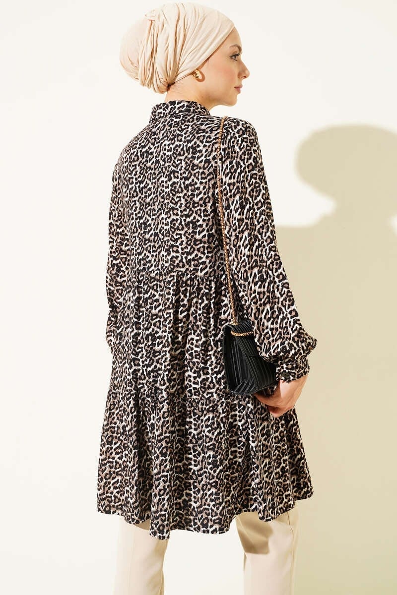 Gömlek Yaka Düğmeli Leopar Tunik Siyah
