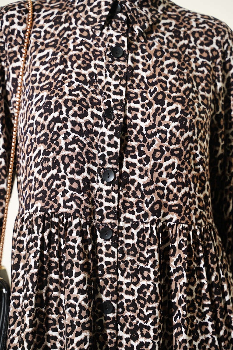 Gömlek Yaka Düğmeli Leopar Tunik Siyah