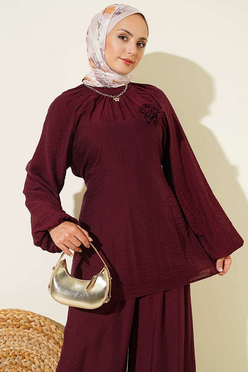 Gül Broşlu Salaş İkili Takım Bordo
